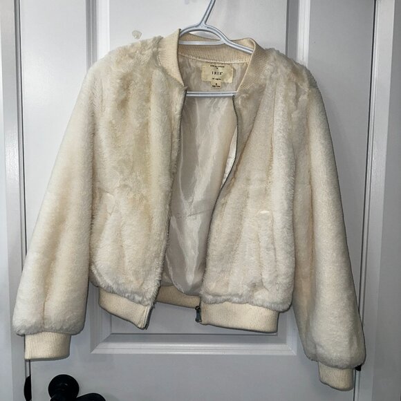 IRIS White Faux Fur Fuzzy Bomber Jacket - Picture 1 of 3